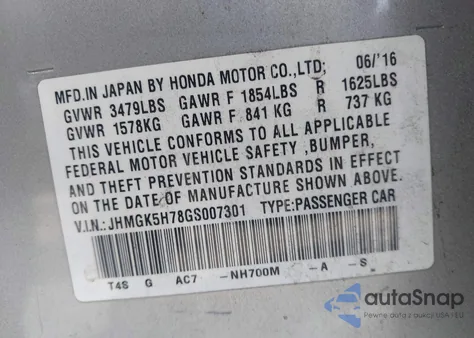 2016 Honda Fit Ex z USA, uszkodzony, nr VIN JHMGK5H78GS007301